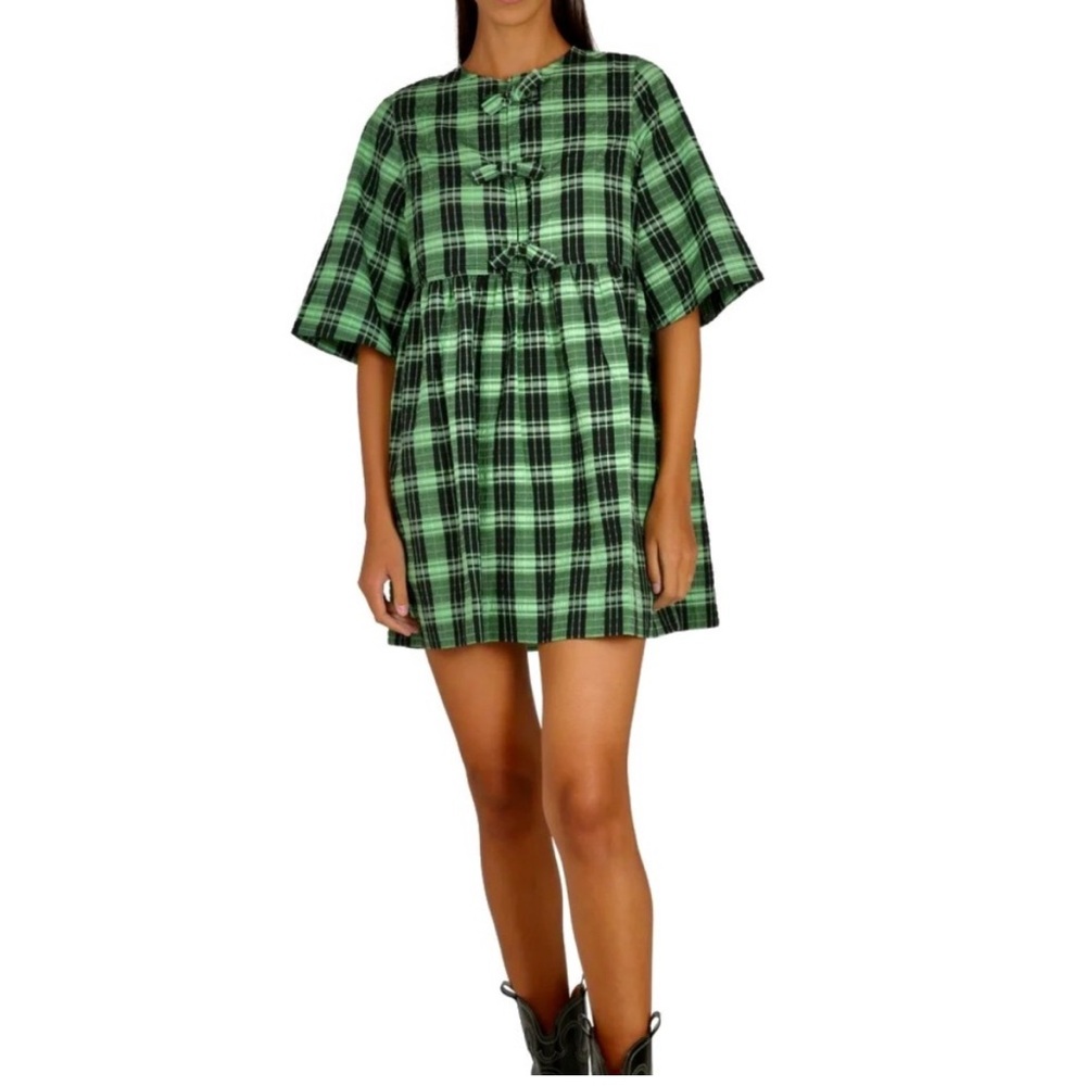 Ganni Green Plaid Tie-Front Mini Dress